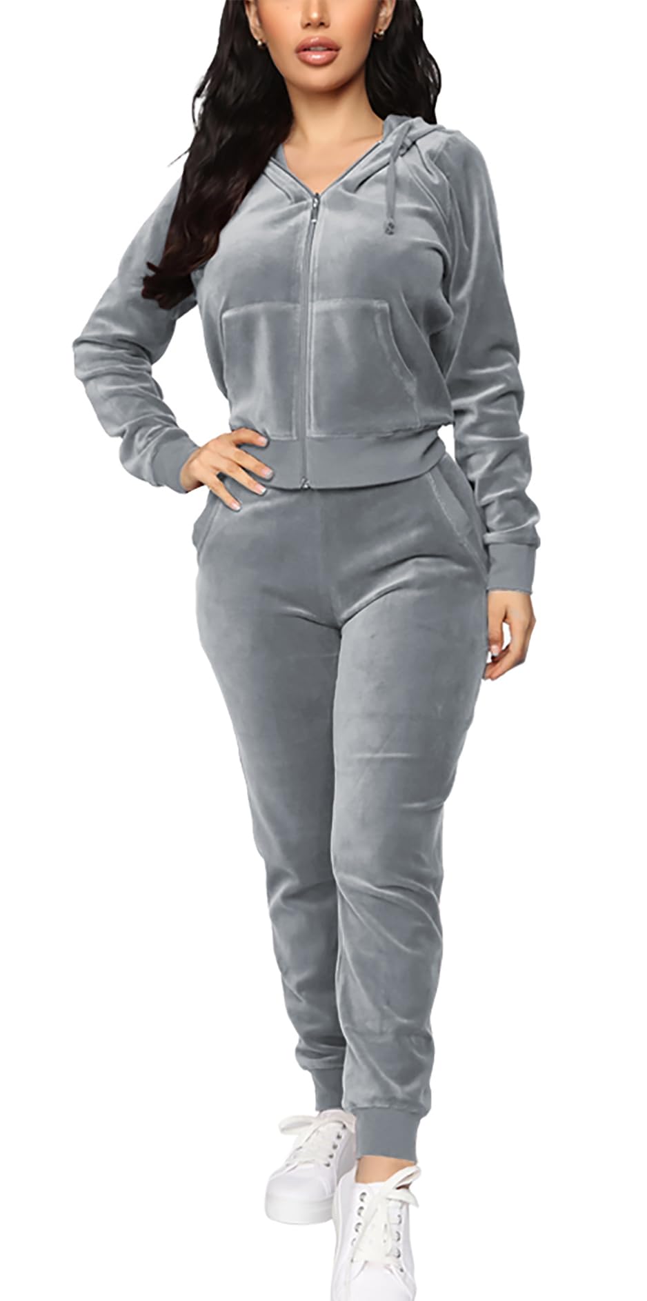BOGURST Women's 2PC Velour Sweatsuit with Full Zip Hoodie Grey S
